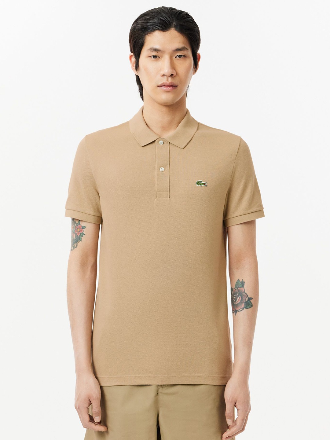 

Lacoste Men Solid Polo Collar Cotton Slim Fit T-Shirt, Beige