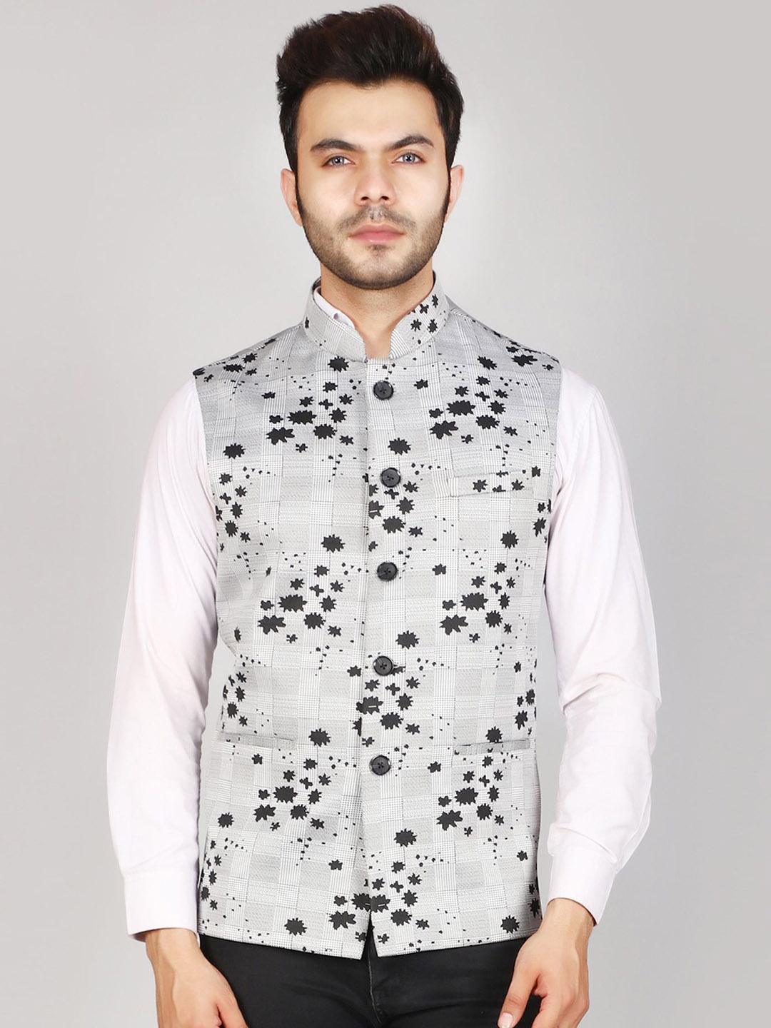 

LA'SCOOT Floral Printed Mandarin Collar Nehru Jacket, Black