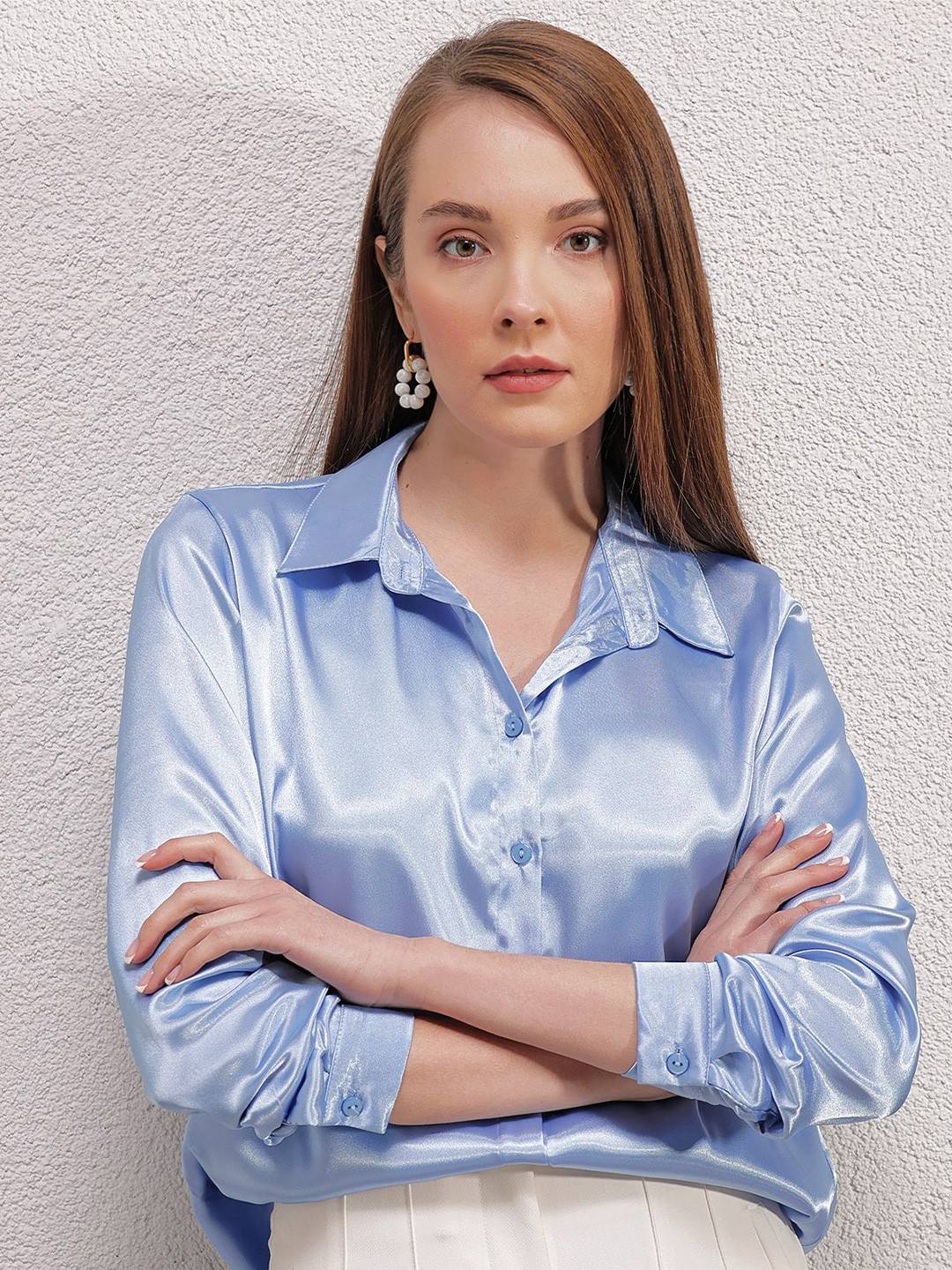 

BIGDART Women Spread Collar Solid Casual Shirt, Na
