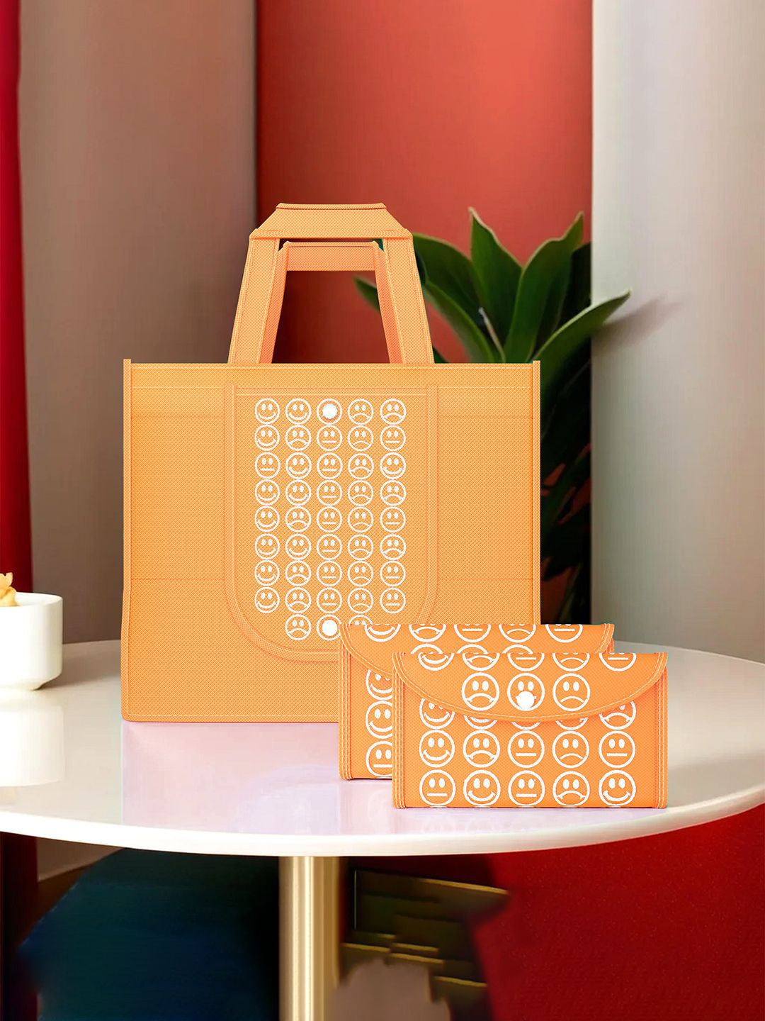 

Kuber Industries Set of 3 Smiley Printed Lightweight Foldable & Reusable Shopping Bags, Orange