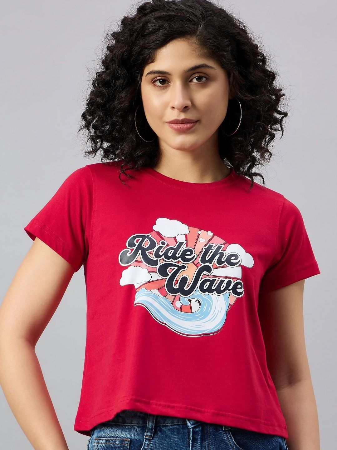 

REPRISE Women Typography Printed Round Neck Cotton T-Shirt, Red