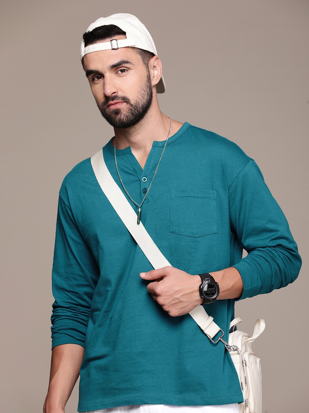 

The Roadster Life Co. Pure Cotton Henley Neck Drop-Shoulder Sleeves Pocket T-shirt, Blue