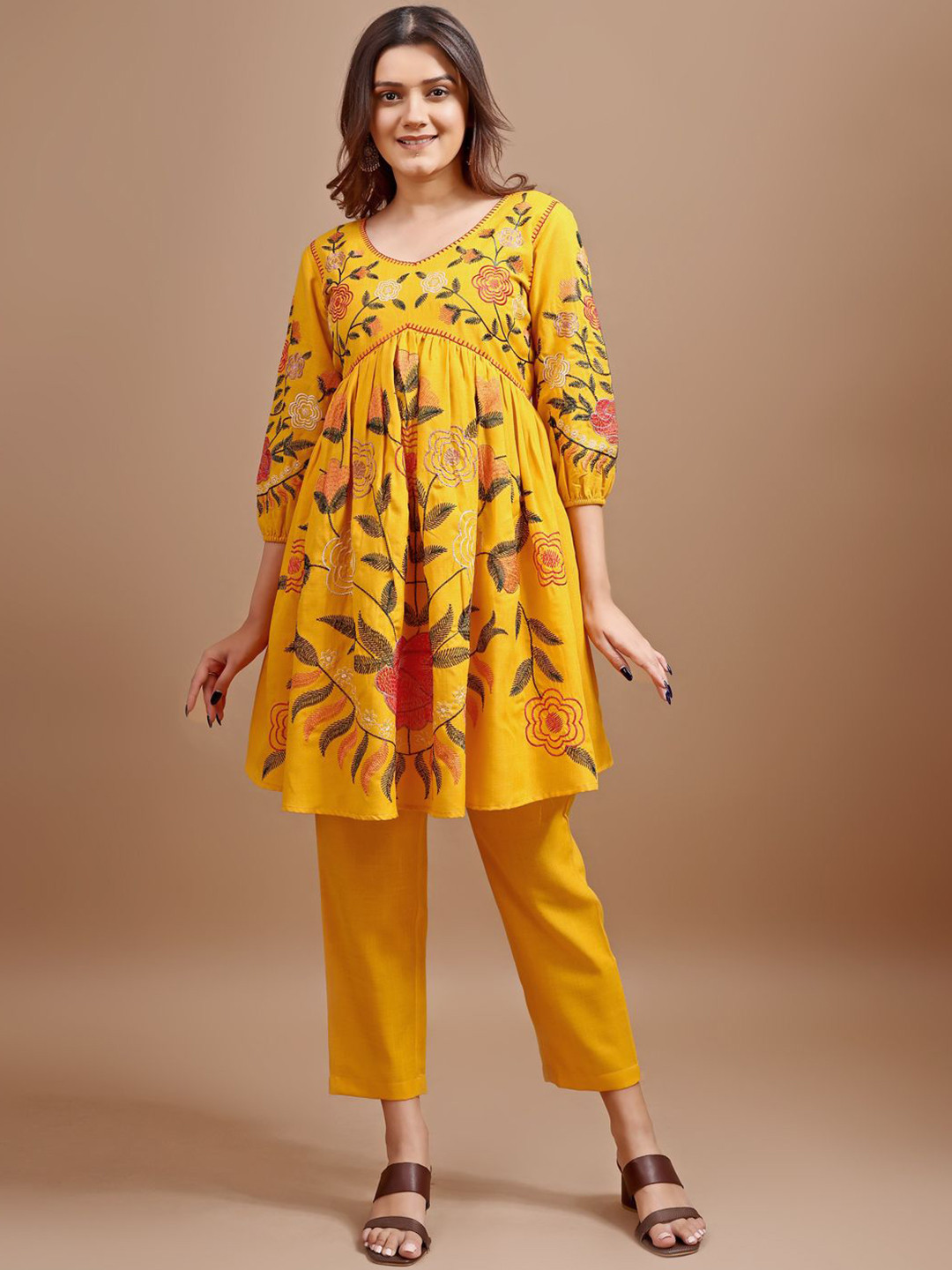 

Tikhi Imli Floral Embroidered V-Neck Tunic With Trousers, Yellow