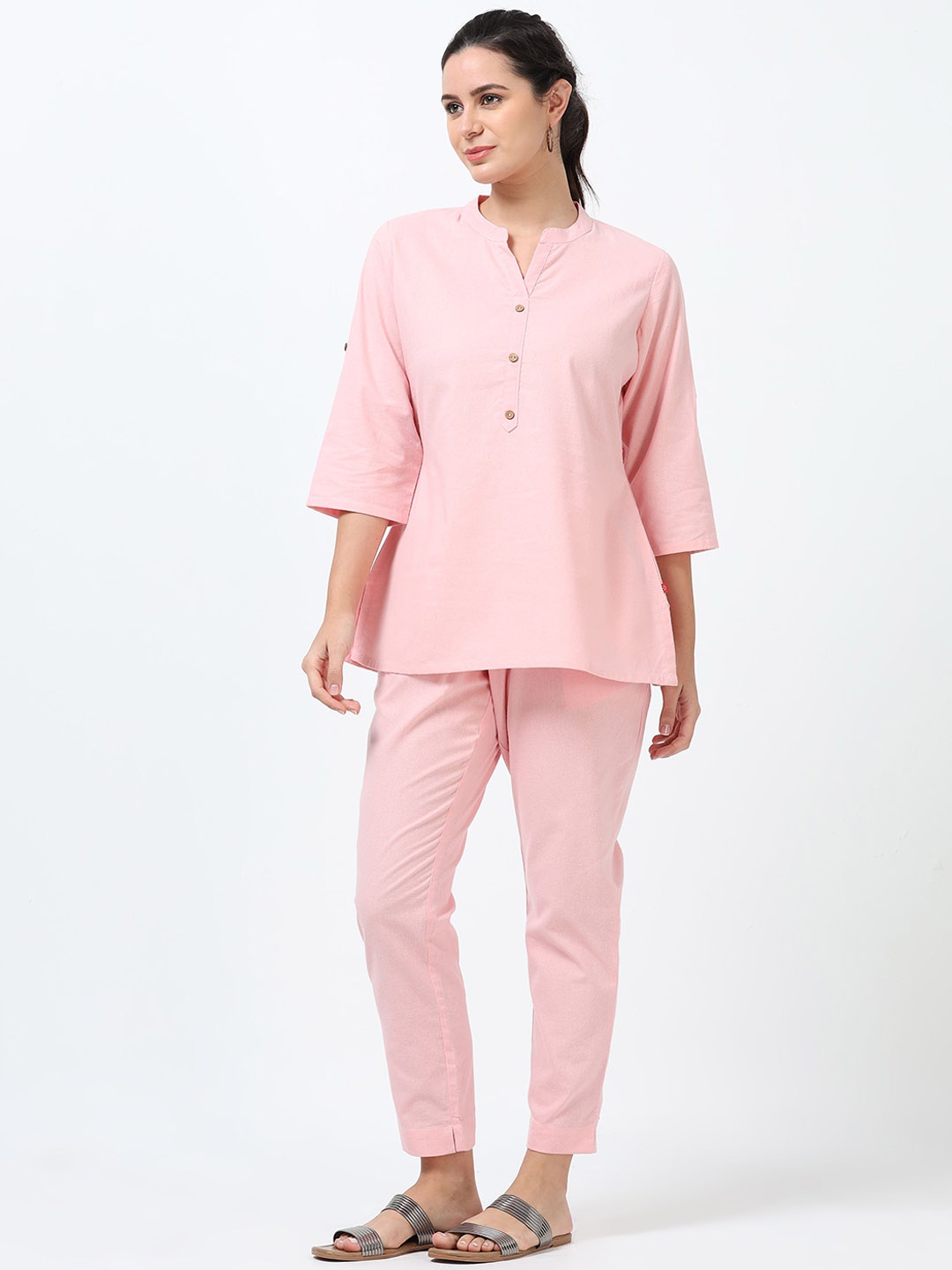 

Marcia Mandarin Collar Pure Cotton Tunic With Trousers, Pink