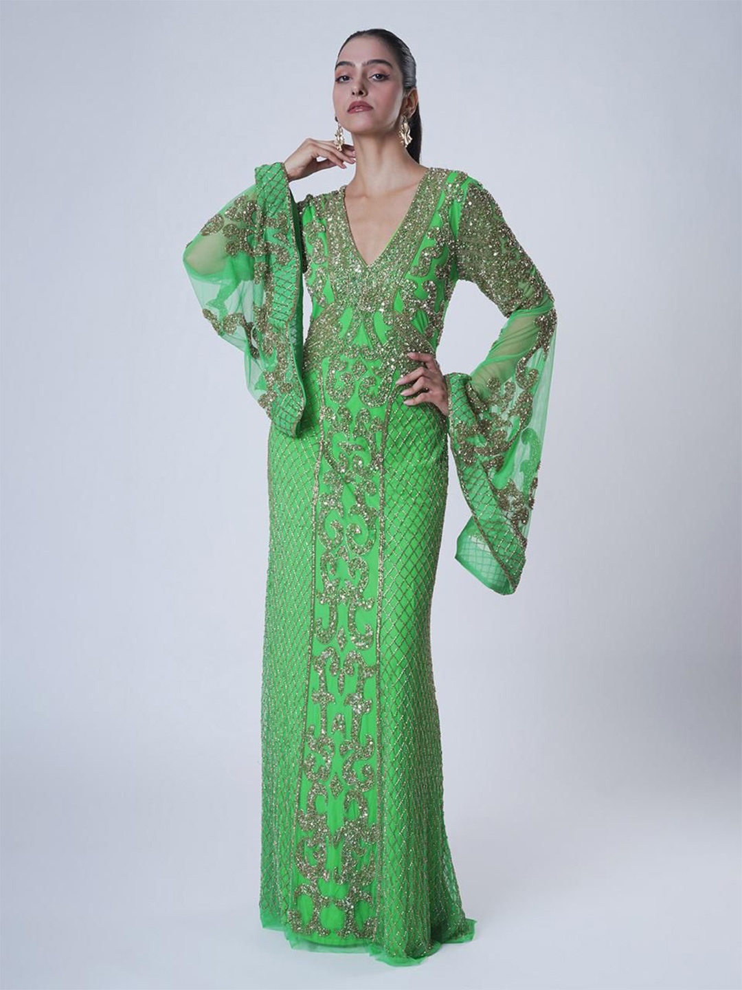 

UPGRADE Embellished Flared Sleeve Maxi Dress, Green