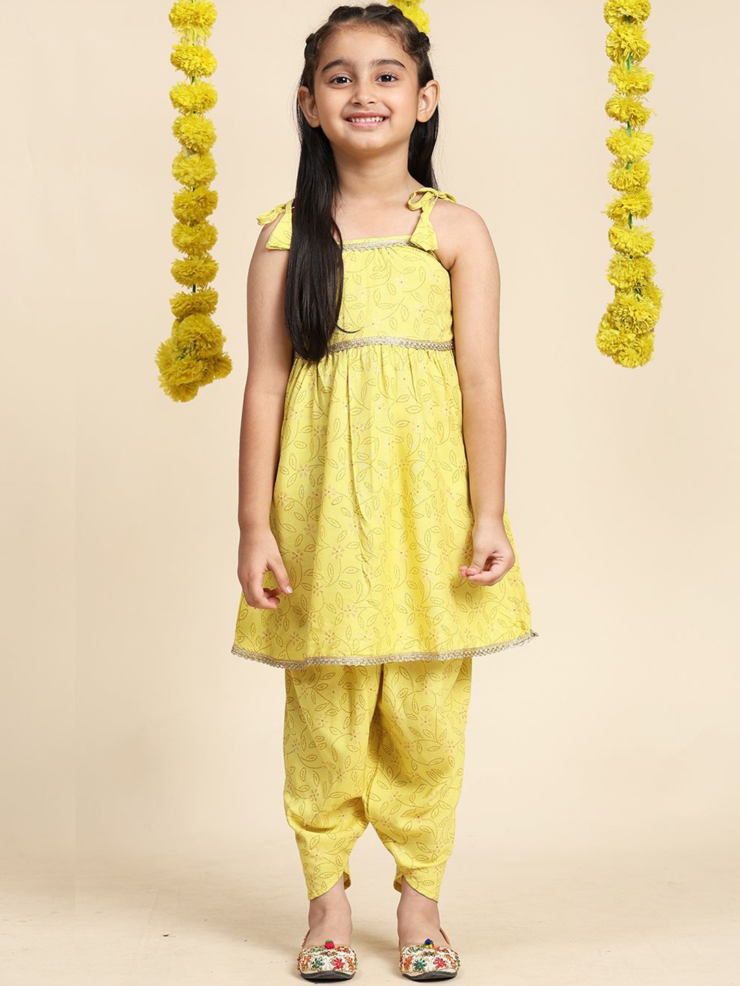 

Cutiekins Girls Floral Printed Gotta Patti A-Line Kurta With Dhoti Pants, Yellow