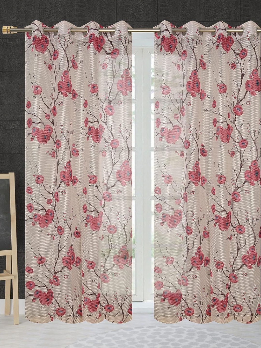 

JBG Home Store White & Pink 2 Pieces Floral Printed Sheer Window Curtain