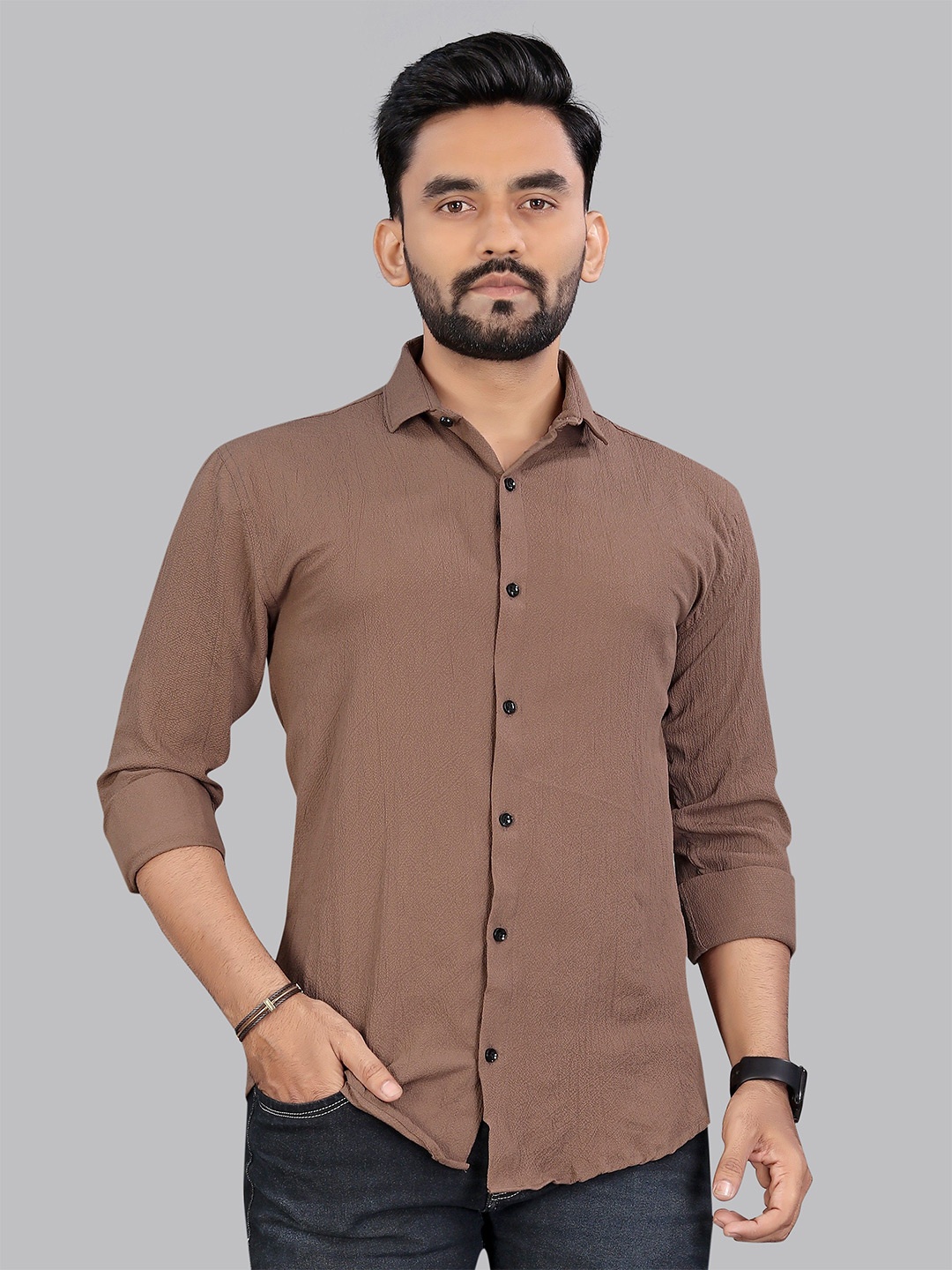

KHUSHI CREATION Men Original Spread Collar Solid Casual Shirt, Coffee brown