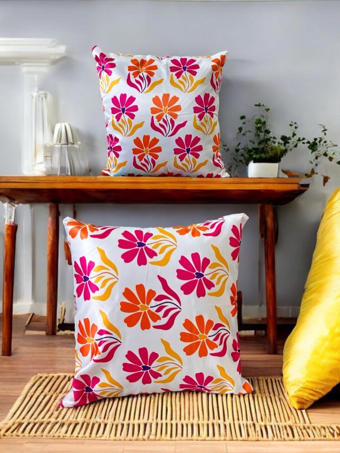 

PLAYFUL STITCHES White & Pink 2 Pieces Floral Printed Satin Square Cushion Covers