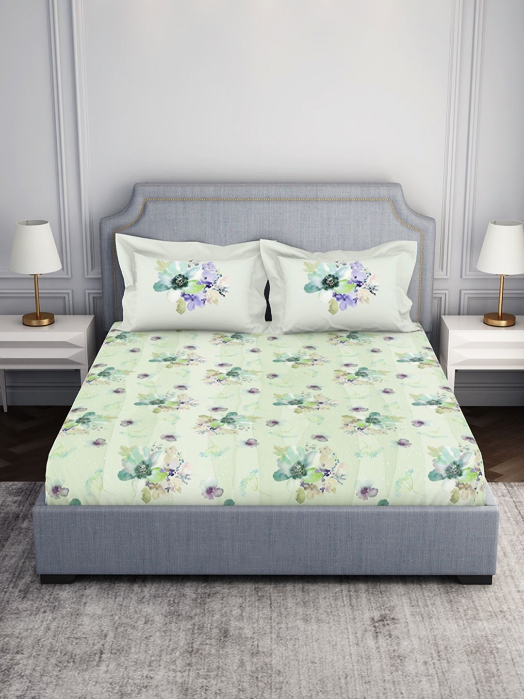 

SPACES Green & Grey Floral 130 TC Queen Bedsheet With 2 Pillow Covers