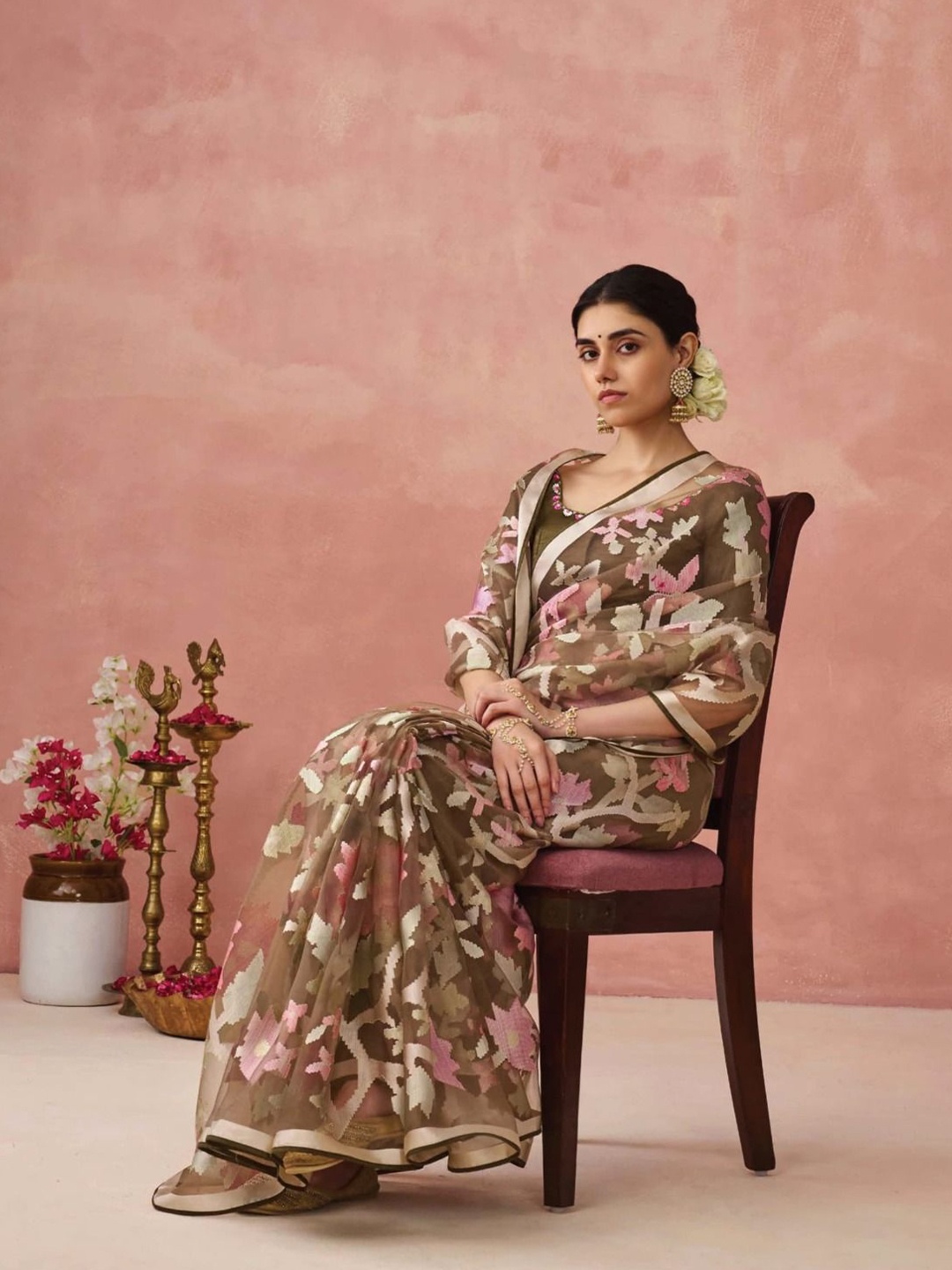 

KALINDI Women Woven Design Floral Printed Ready to Wear Tussar Saree, Coffee brown