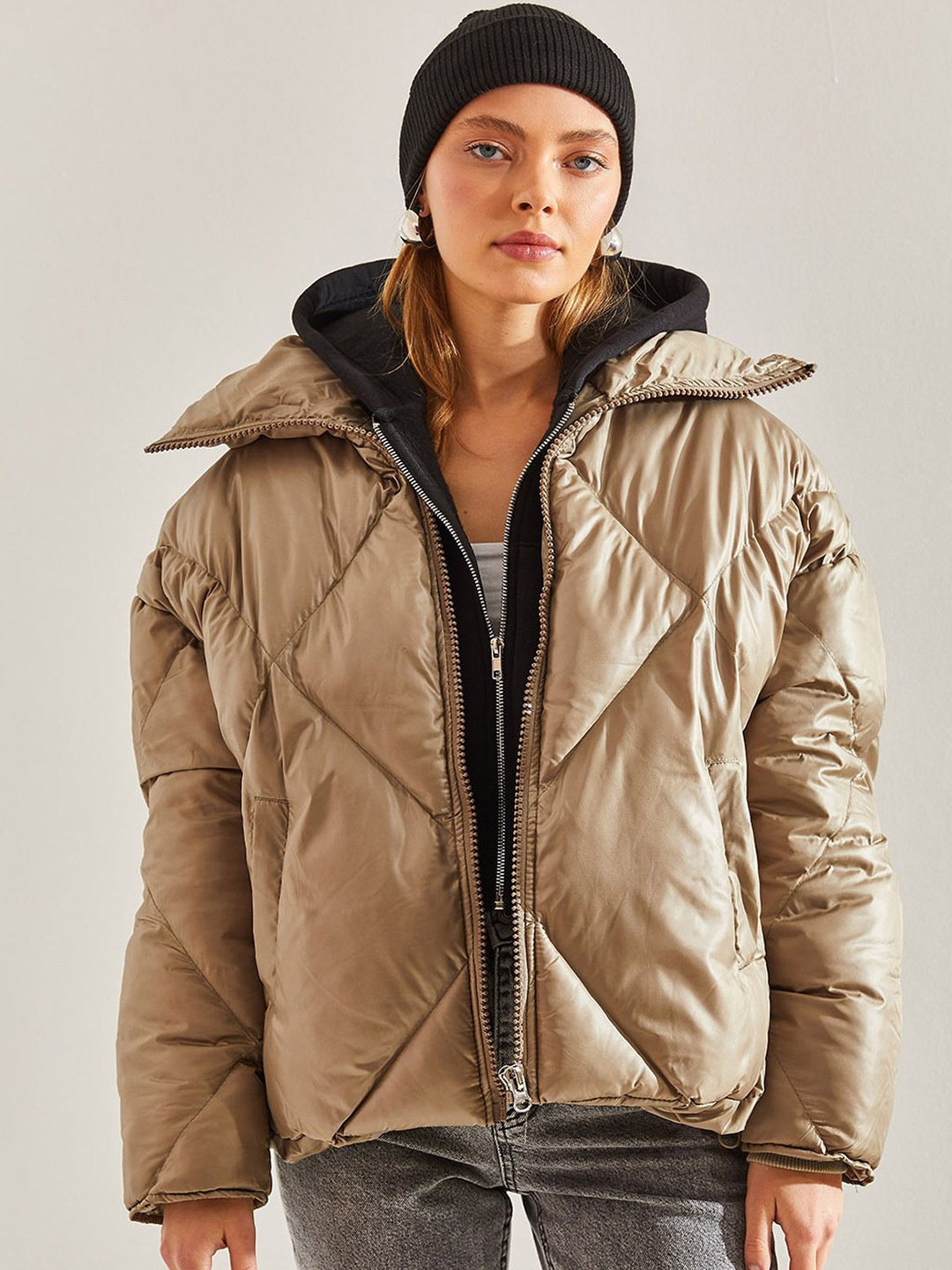 

BIANCO LUCCI Zipper Puffer Jacket, Beige
