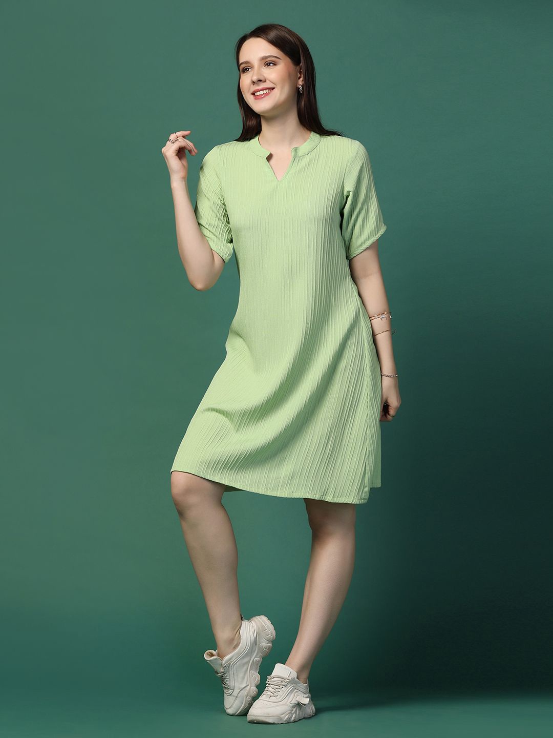 

OMPAX Women Solid A-Line Dress, Green