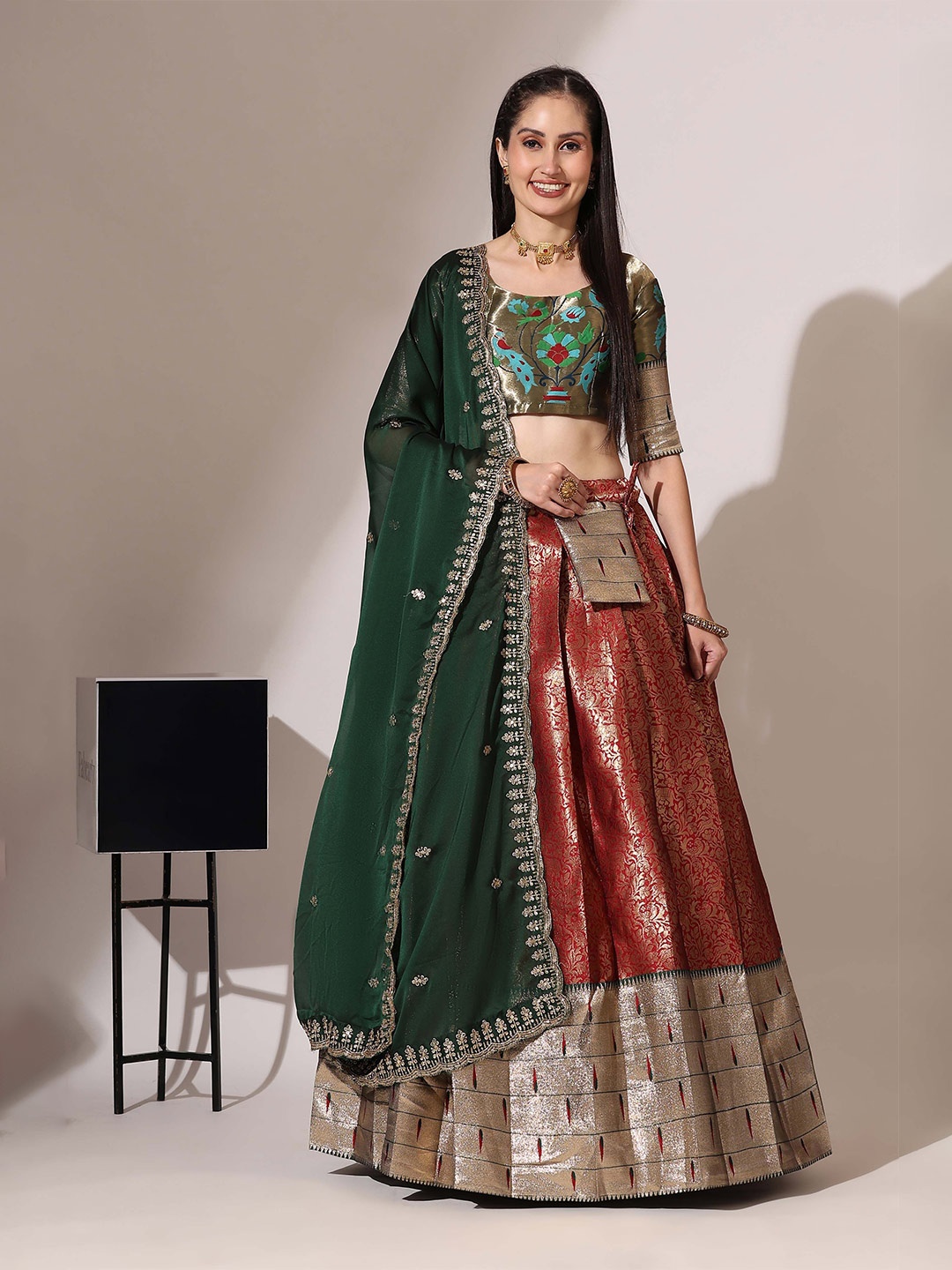 

Fabcartz Woven Design Semi Stitched Lehenga & Unstitched Blouse With Dupatta, Green