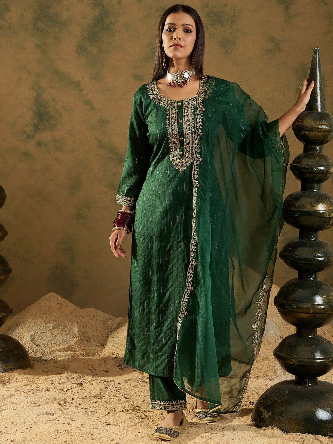 

Indo Era Ethnic Embroidered Zari Work Regular Sleeves Round Neck Liva Kurta Set, Green