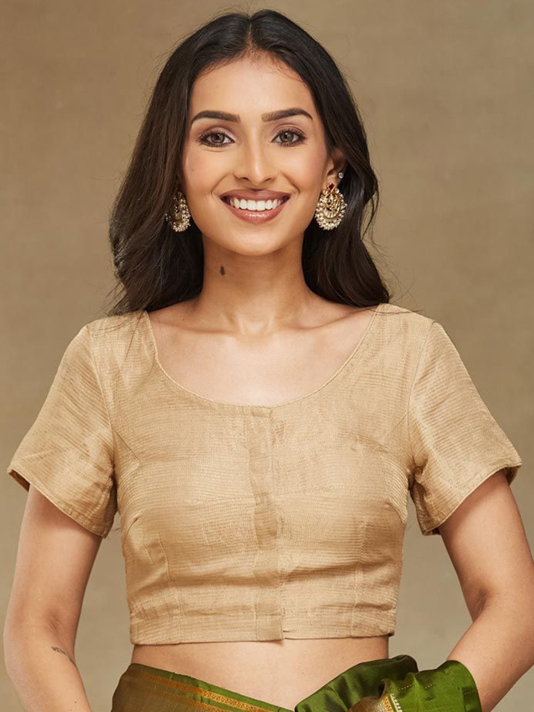 

Fabindia Round Neck Short Sleeves Saree Blouse, Gold