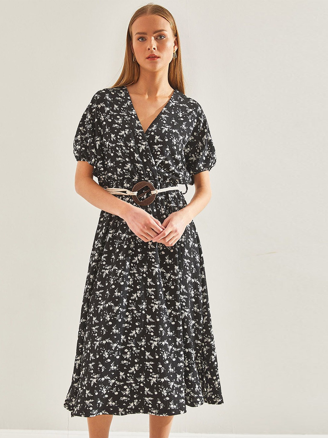 

BIANCO LUCCI Floral Print Puff Sleeve Dress For Women's, Black