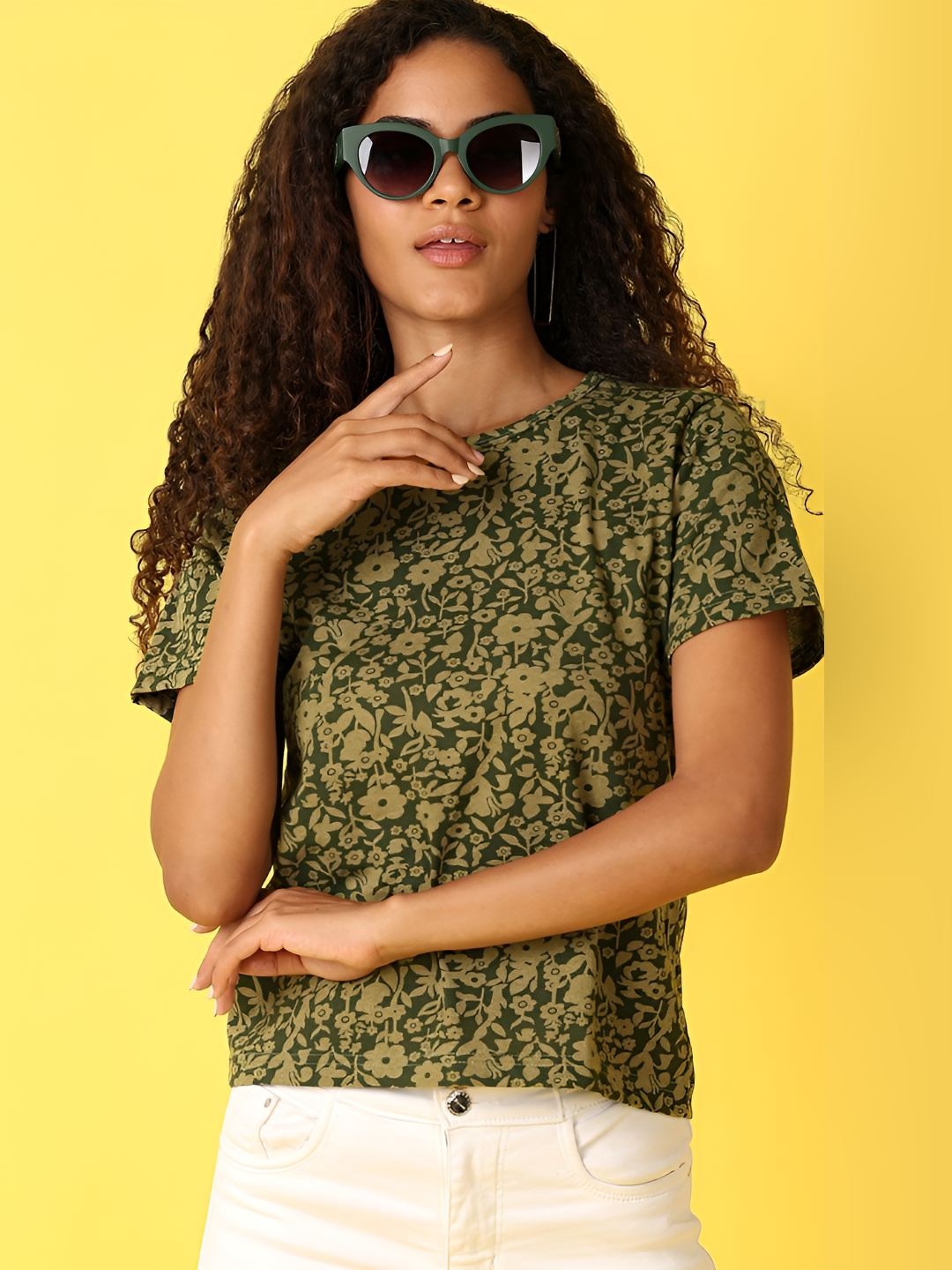 

V-Mart Women Floral Printed Round Neck Cotton T-Shirt, Olive