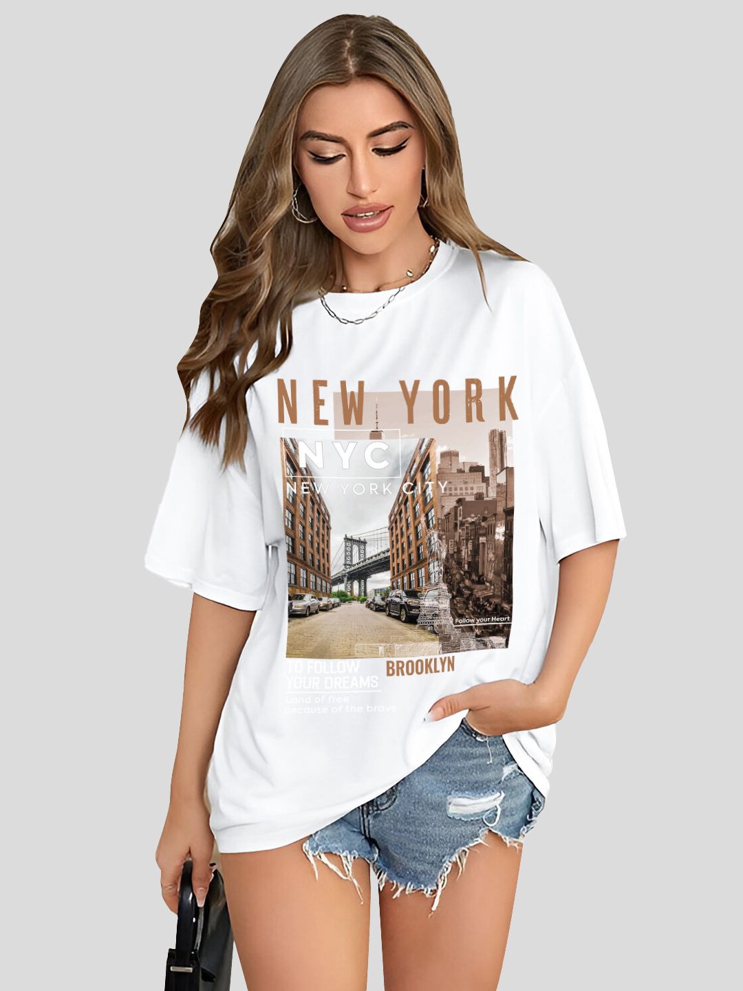 

CHKOKKO Women Graphic Printed Round Neck Cotton Oversized T-Shirt, White