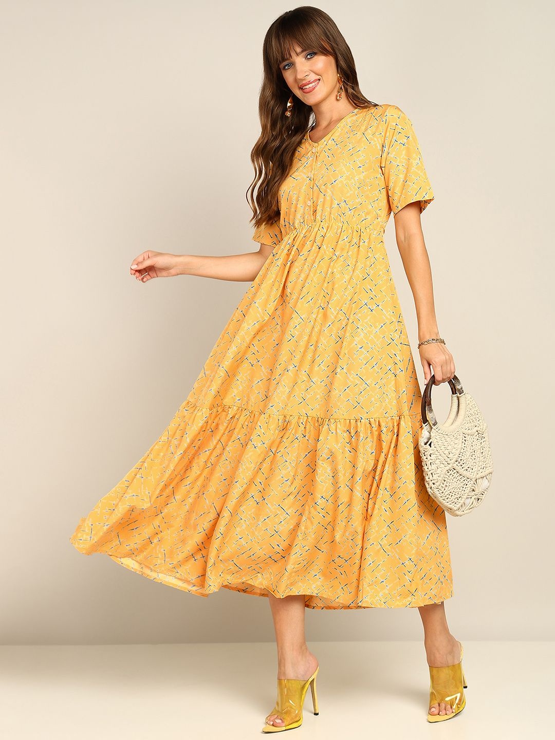 

Murcia Printed Fit & Flare Midi Dress, Yellow