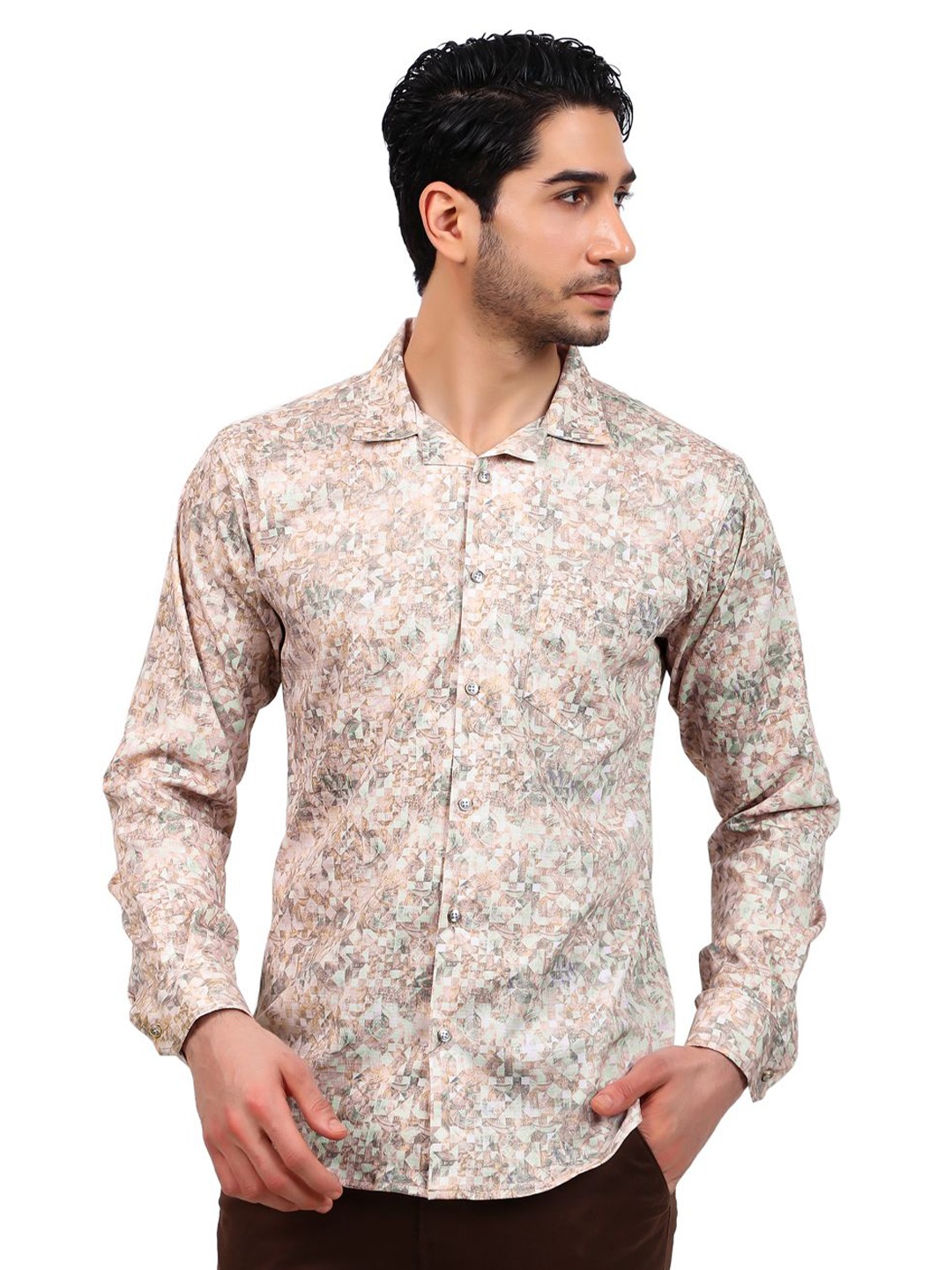 

DESIGN UP Men Relaxed Cuban Collar Conversational Printed Cotton Slim Fit Casual Shirt, Beige