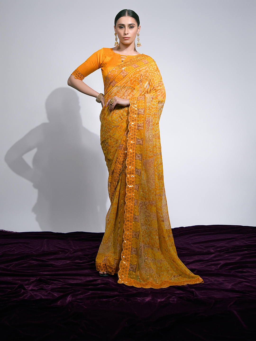 

Mitera Embellished Sequinned Pure Georgette Designer Saree, Yellow