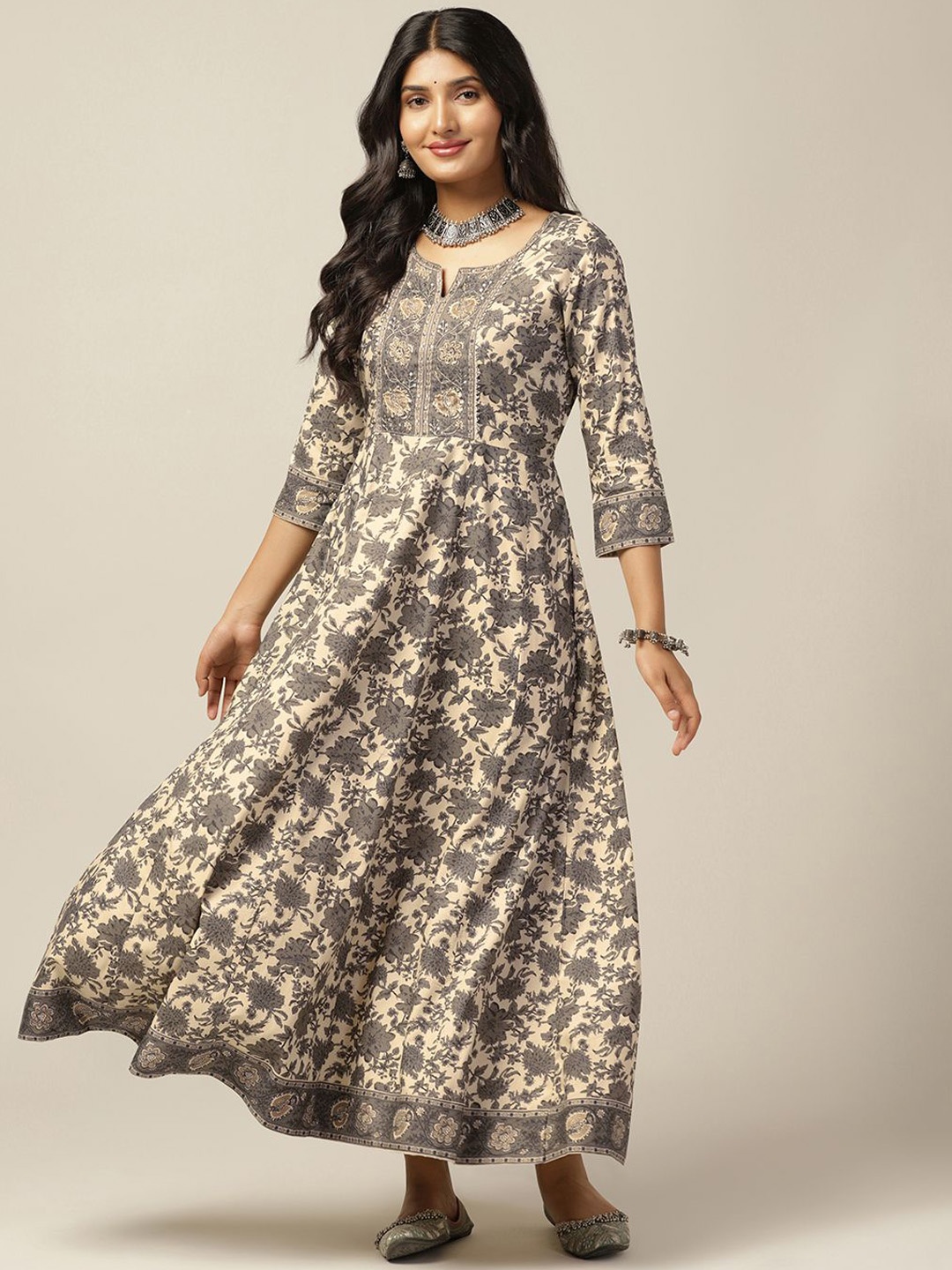 

BAESD Floral Printed Cotton Anarkali Maxi Length Kurta, Beige