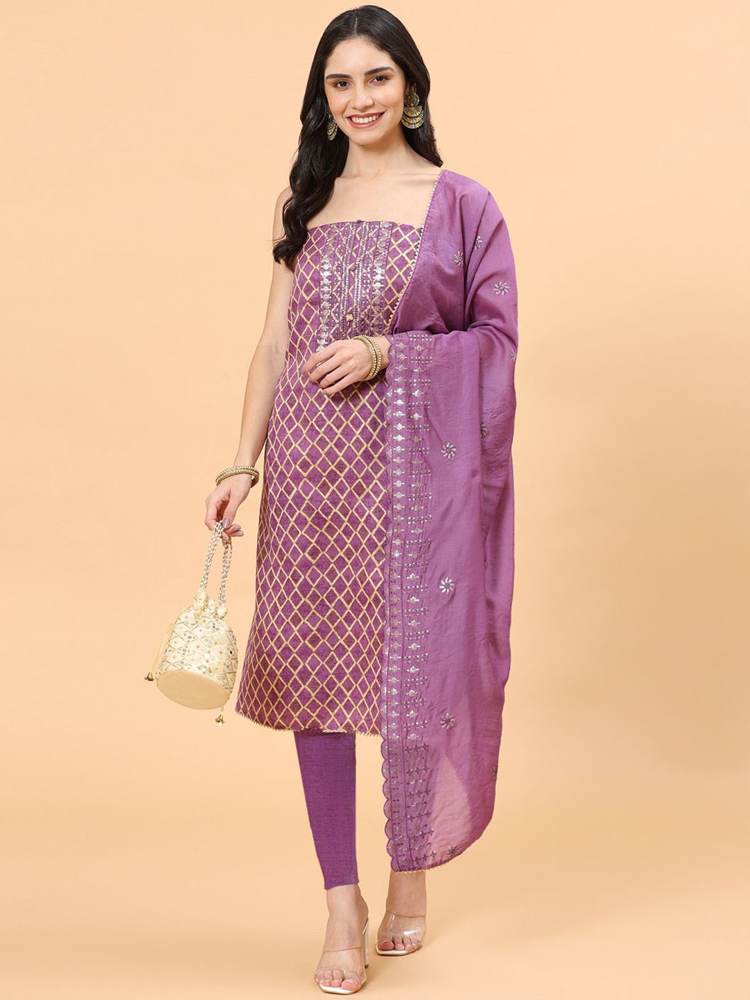 

Meena Bazaar Geometric Printed Sequinned Unstitched Dress Material, Purple