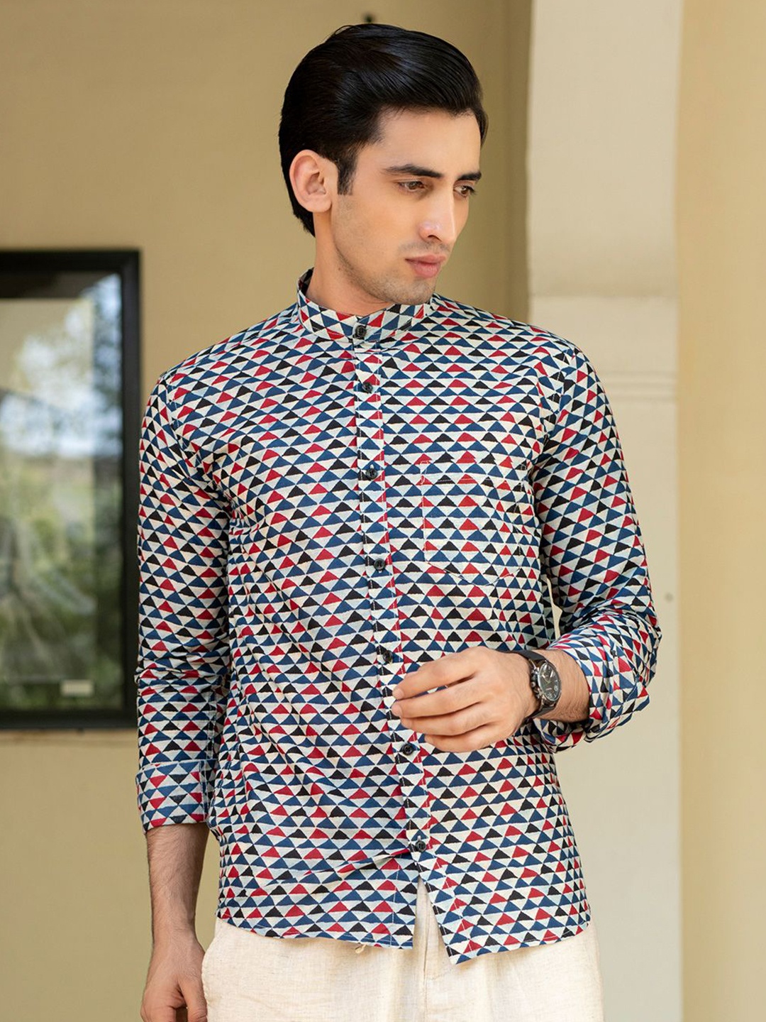 

Tistabene Men Standard Band Collar Geometric Printed Cotton Casual Shirt, White