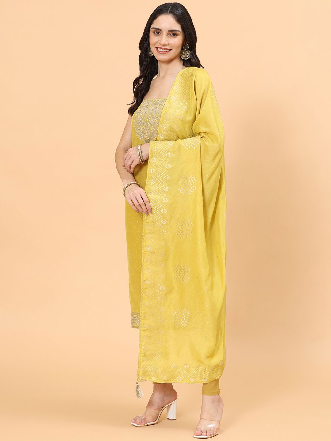 

Meena Bazaar Floral Woven Design Sequinned Unstitched Dress Material, Mustard