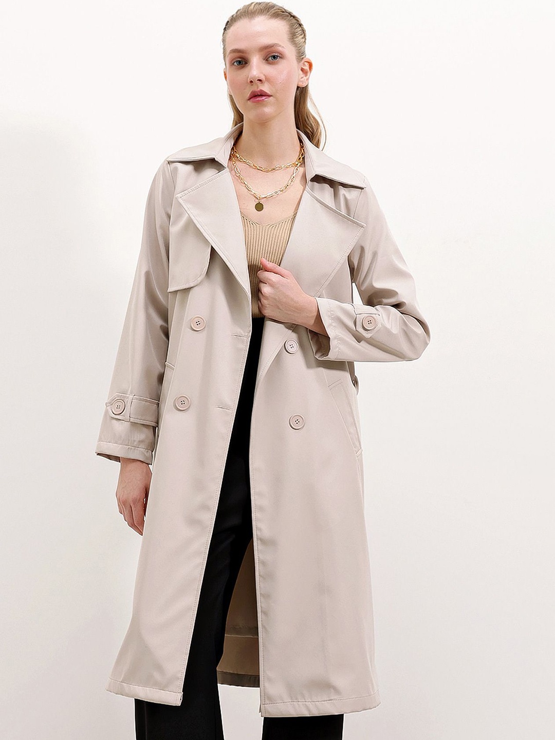 

BIGDART Women Notched Lapel Collar Double-Breasted Overcoat, Beige