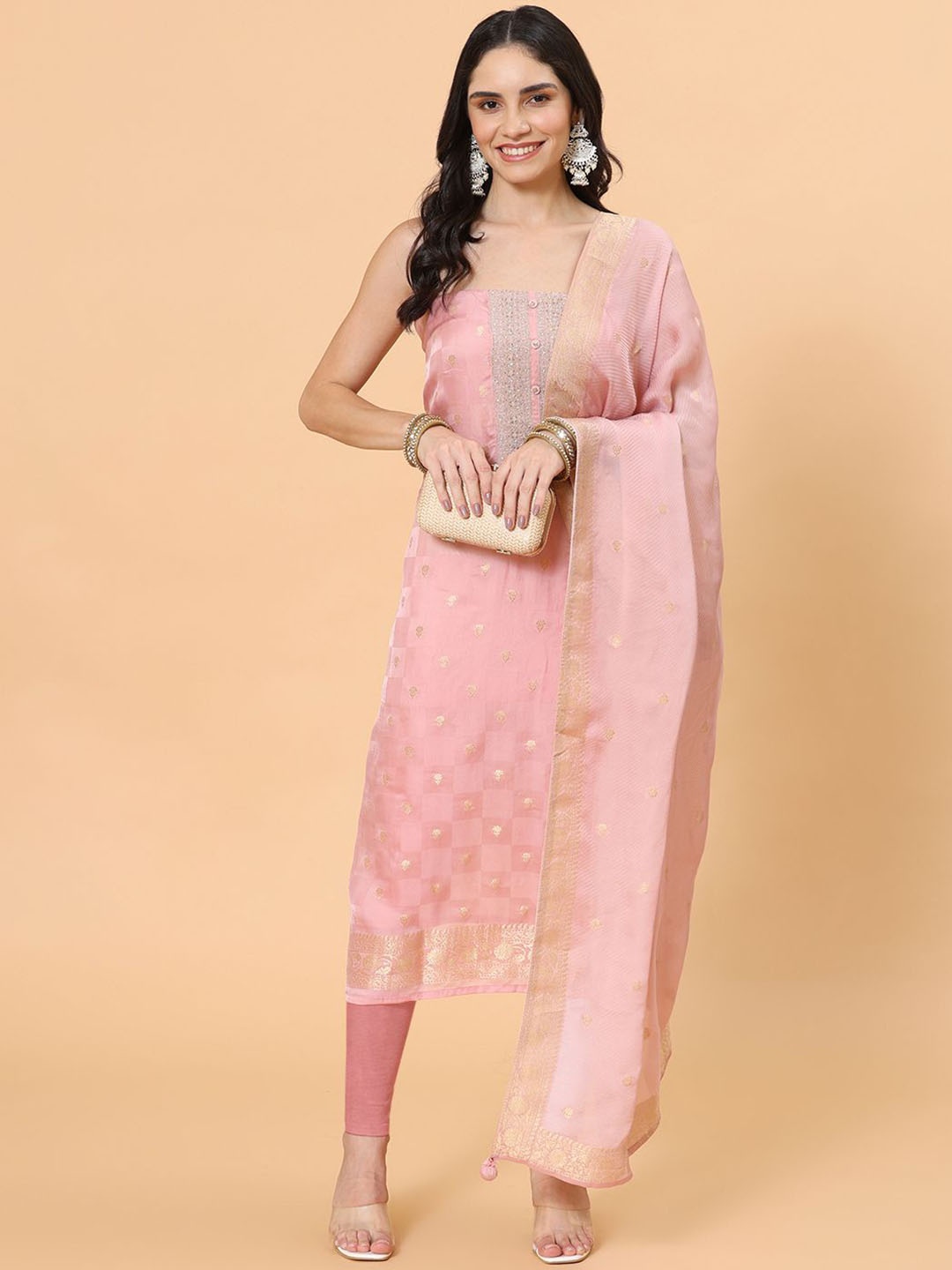 

Meena Bazaar Floral Woven Design Sequinned Organza Unstitched Dress Material, Pink