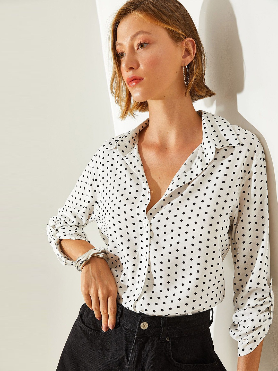 

BIANCO LUCCI Women Spread Collar Polka Dots Printed Casual Shirt, White