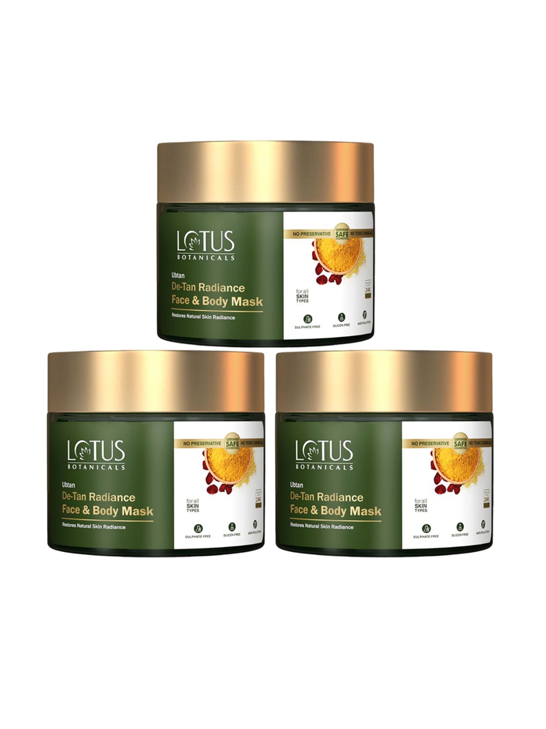 

Lotus Botanicals Set Of 3 Ubtan De-Tan Radiance Face & Body Mask-140g Each, Green