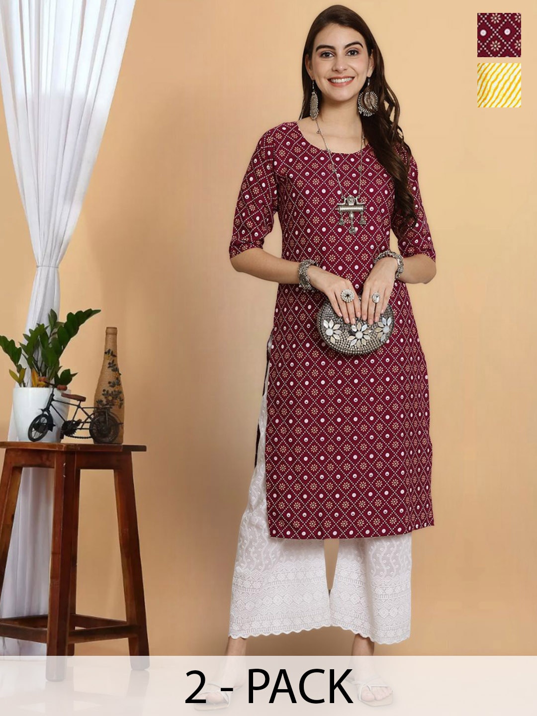 

7Threads Selection Of 2 Printed Straight Kurtas, Maroon