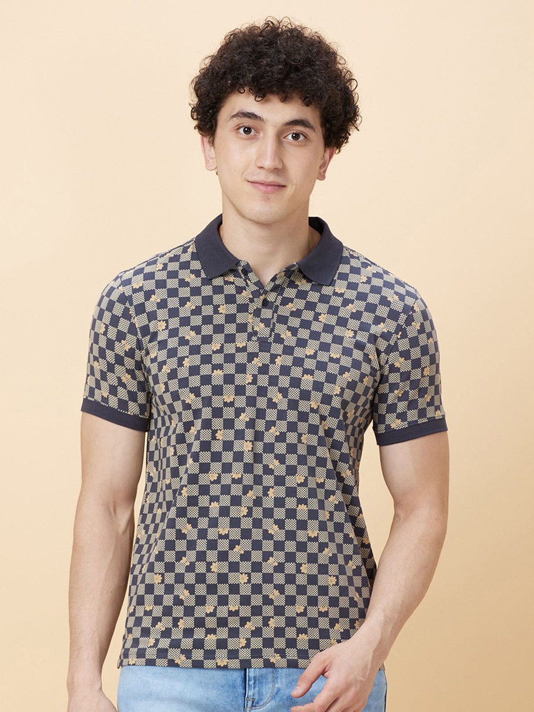 

Being Human Checked Polo Collar Casual T-shirt, Grey