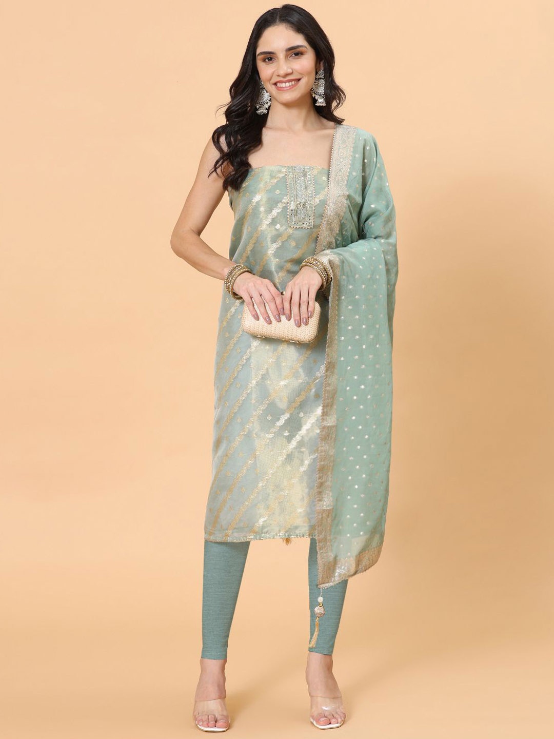 

Meena Bazaar Floral Woven Design Zari Unstitched Dress Material, Sea green