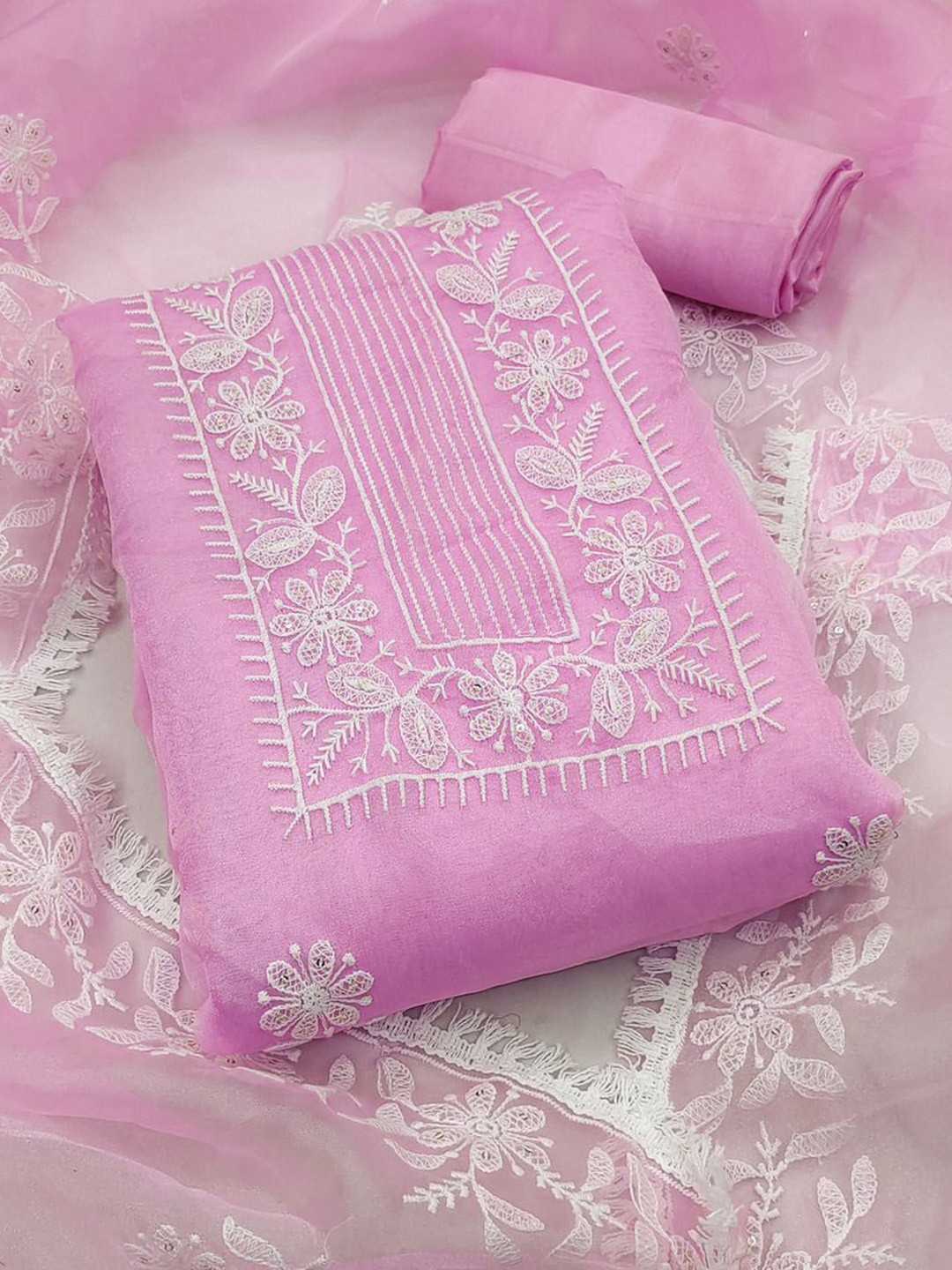 

APNISHA Floral Embroidered Organza Unstitched Dress Material, Pink