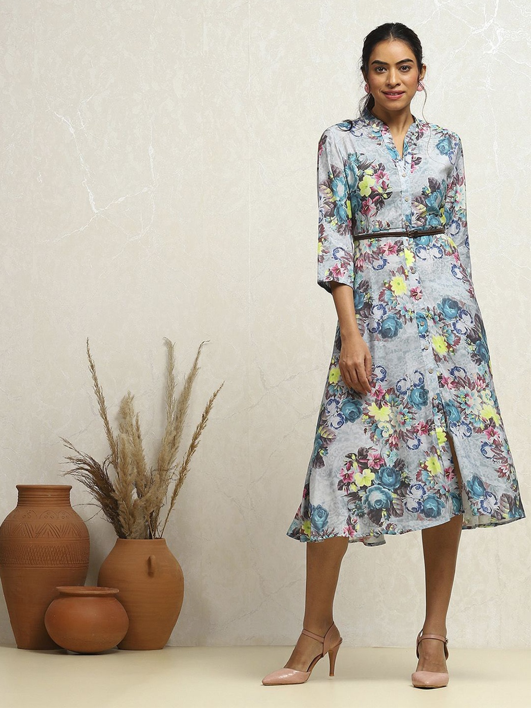 

Biba Floral Printed Fit and Flare Midi Dress, Blue