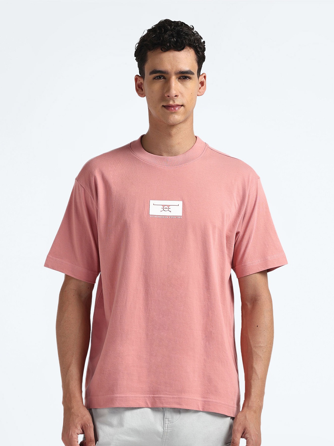 

Flying Machine Typography Printed Round Neck Short Sleeves Relaxed Fit Pure Cotton T-Shirt, Pink