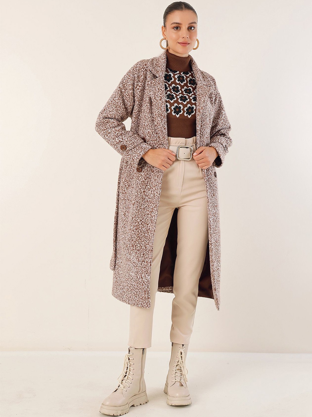 

BIGDART Women Notched Lapel Collar Double-Breasted Longline Overcoat, Brown