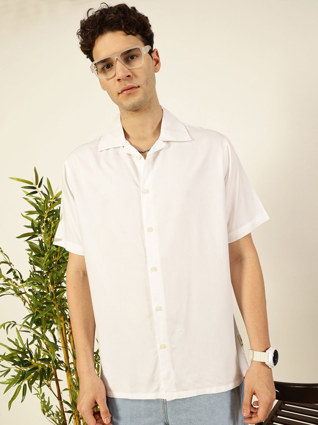 

Thomas Scott Men Premium Cuban Collar Solid Oversized Casual Shirt, White