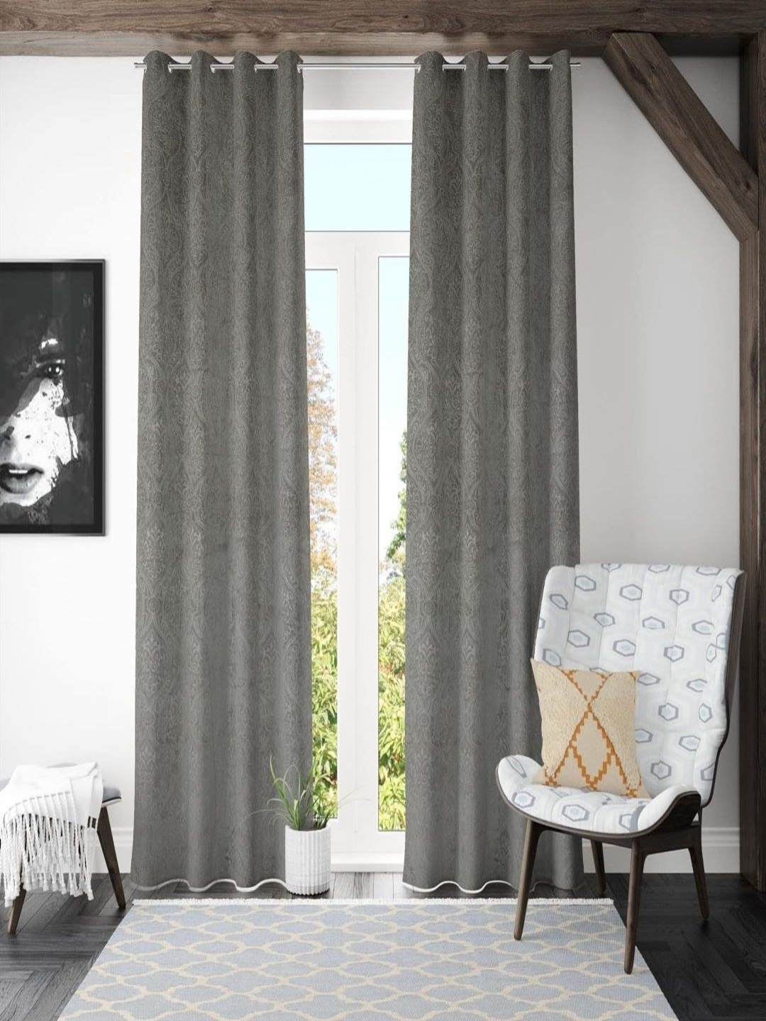 

JBG Home Store Grey 2 Pieces Embellished Velvet Room Darkening Window Curtains