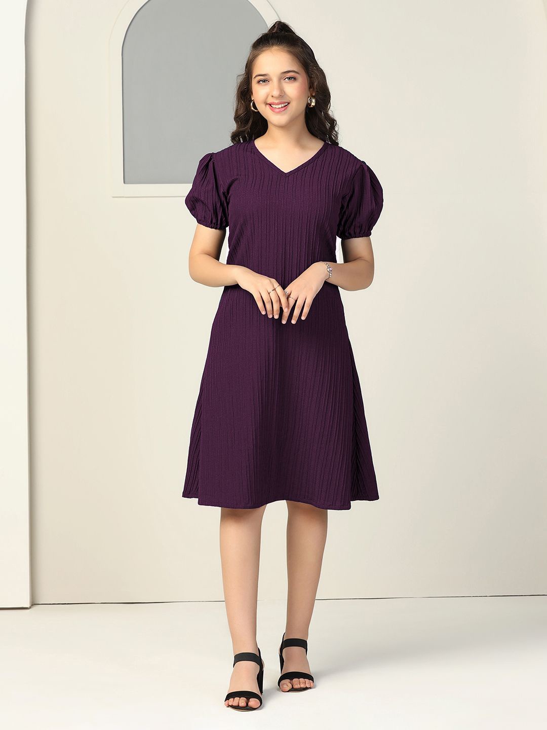 

OMPAX Puff Sleeve A-Line Dress, Purple