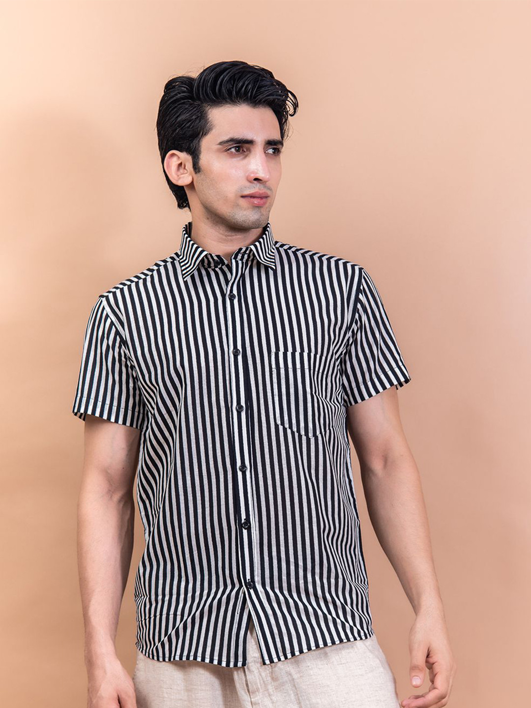 

Tistabene Men Standard Spread Collar Striped Cotton Casual Shirt, Black