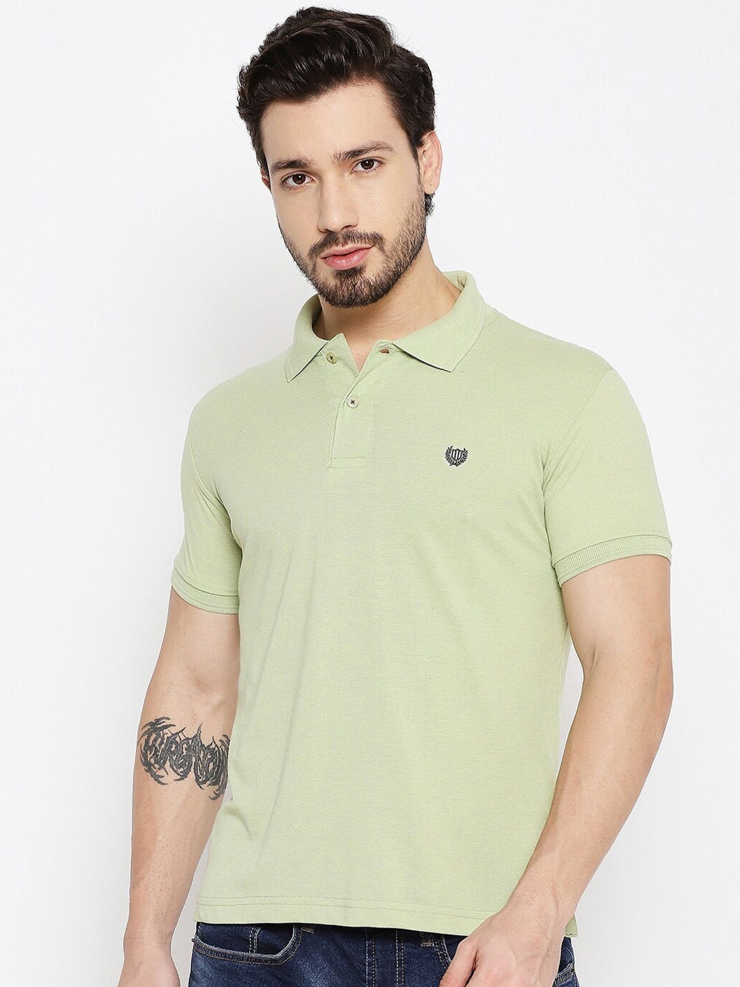 

Duke Men Green Polo Collar Applique Slim Fit T-shirt