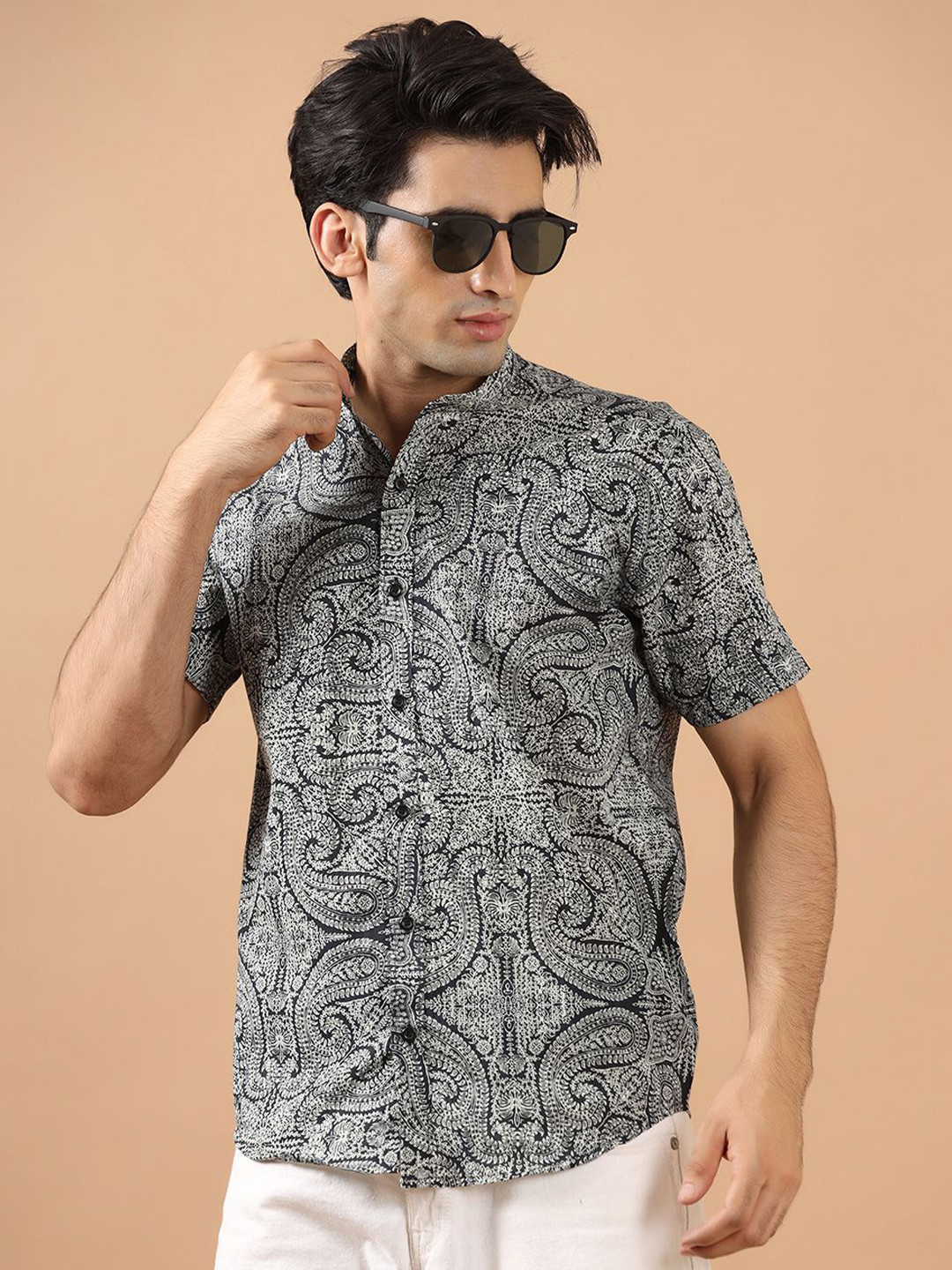 

Tistabene Men Standard Band Collar Ethnic Printed Cotton Casual Shirt, Black