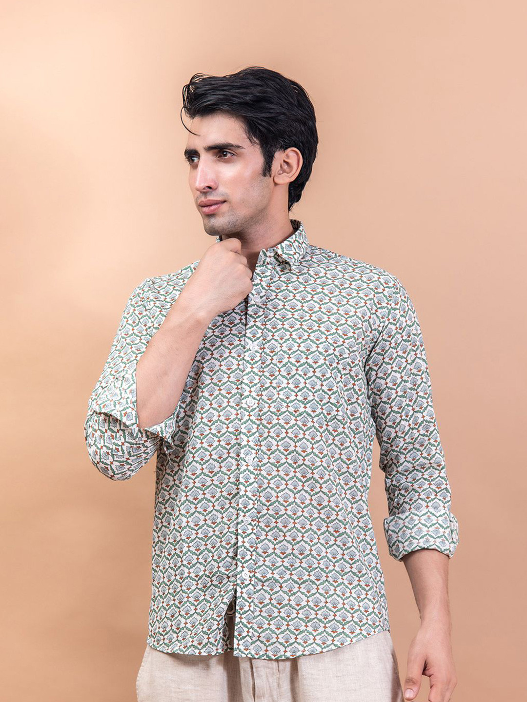 

Tistabene Men Standard Spread Collar Conversational Printed Cotton Casual Shirt, White