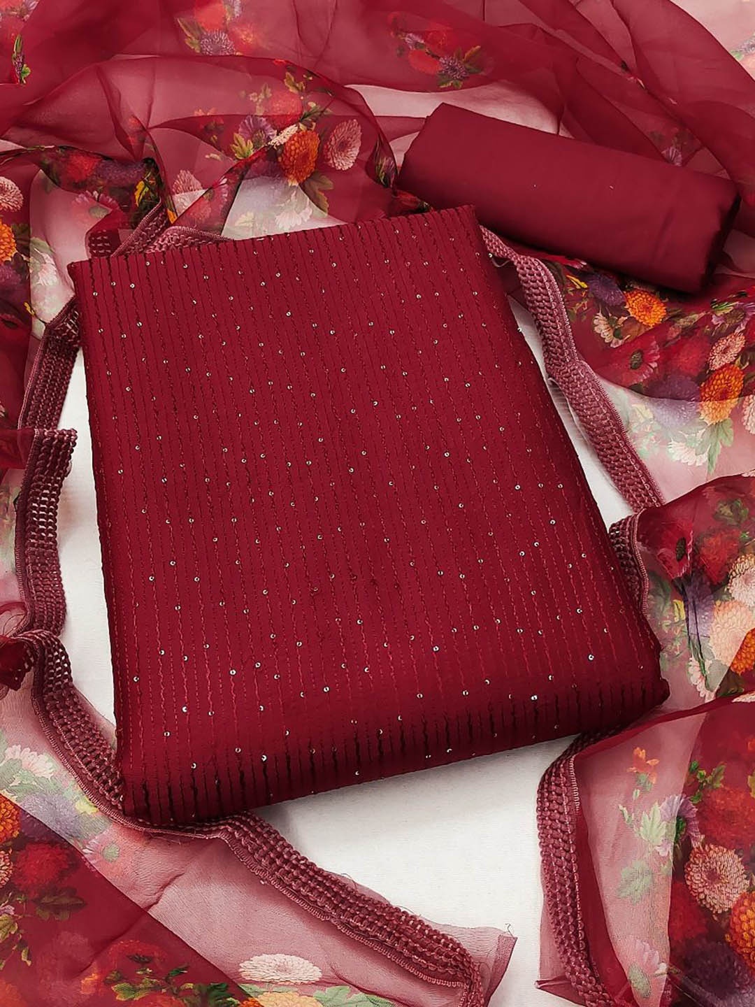 

JULEE Embroidered Sequinned Unstitched Dress Material, Maroon