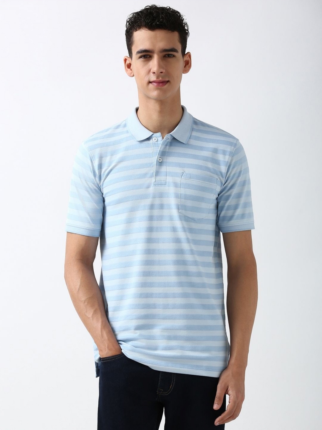 

Peter England Men Striped Polo Collar Cotton T-Shirt, Blue